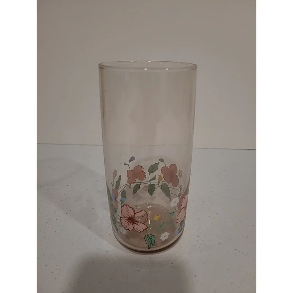 Vintage Anchor Hocking Smoky Glass – Pink Floral Design – Single Glass